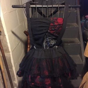 Small red/black halter top w tutu with suspenders